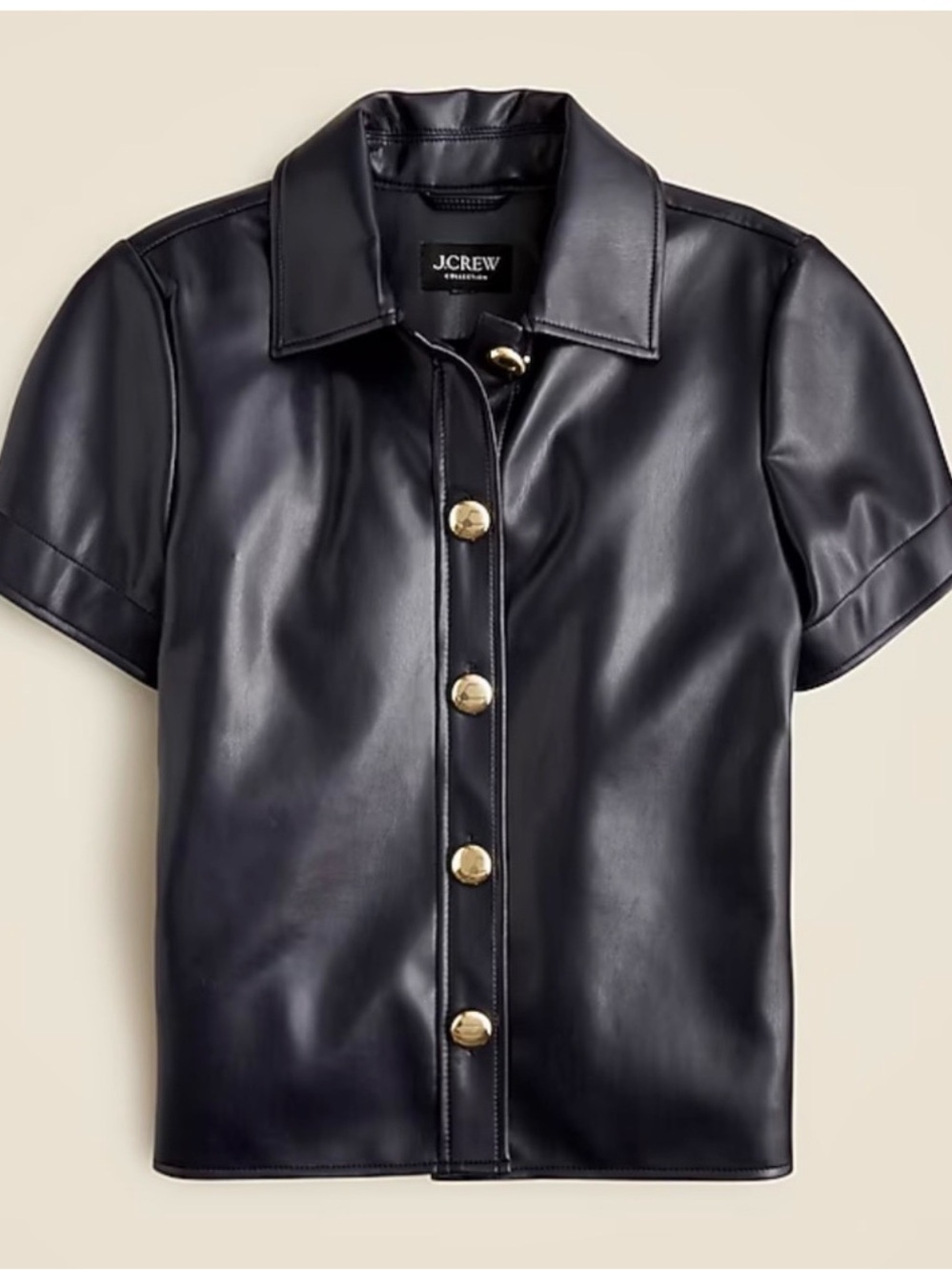 J. Crew Black Faux Leather Short-Sleeve Button Jacket with Gold Buttons. NWT